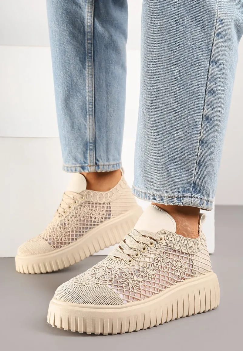 Beżowe Sneakersy Vices na Platformie z Ażurową Cholewką Lumerise