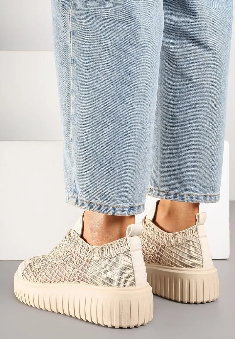 Beżowe Sneakersy Vices na Platformie z Ażurową Cholewką Lumerise