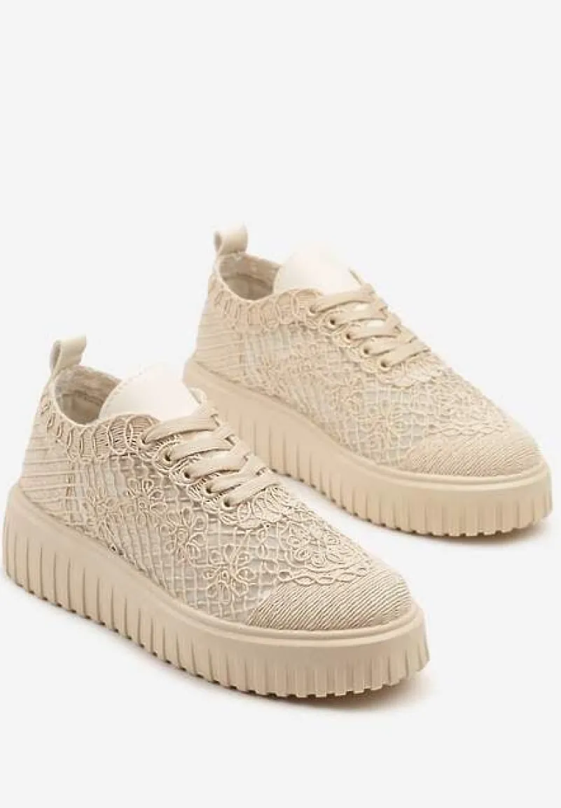 Beżowe Sneakersy Vices na Platformie z Ażurową Cholewką Lumerise