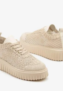 Beżowe Sneakersy Vices na Platformie z Ażurową Cholewką Lumerise