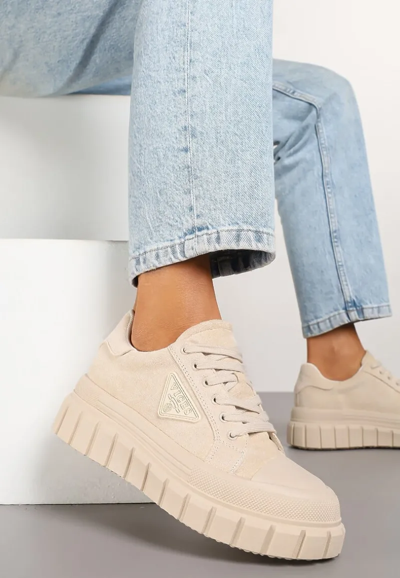 Beżowe Sneakersy Vices na Platformie z Ozdobą i Napisem Leawen