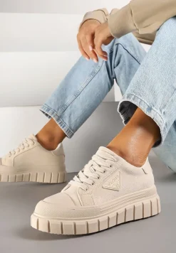 Beżowe Sneakersy Vices na Platformie z Ozdobą i Napisem Leawen