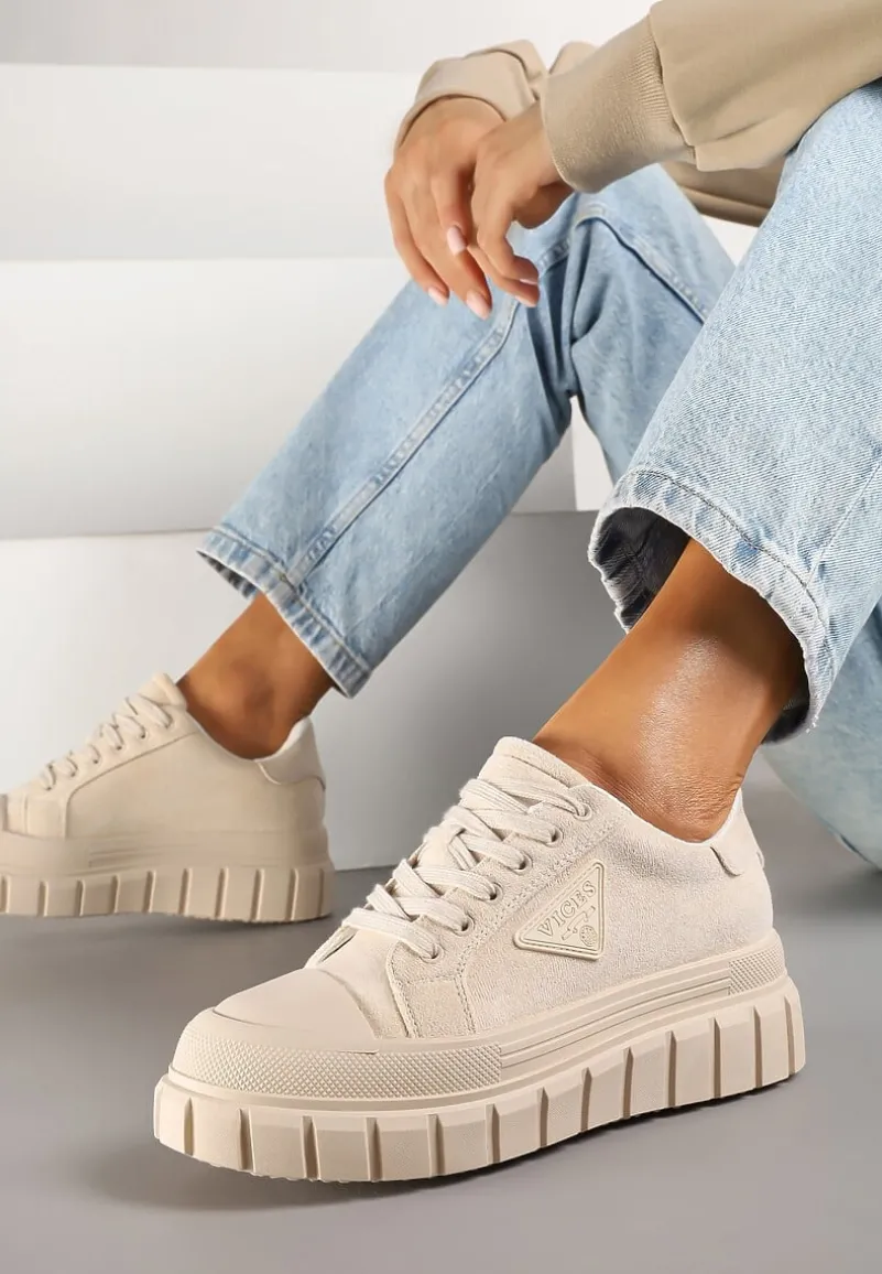 Beżowe Sneakersy Vices na Platformie z Ozdobą i Napisem Leawen