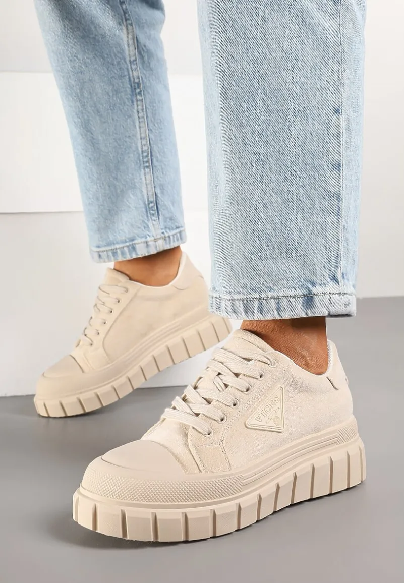 Beżowe Sneakersy Vices na Platformie z Ozdobą i Napisem Leawen