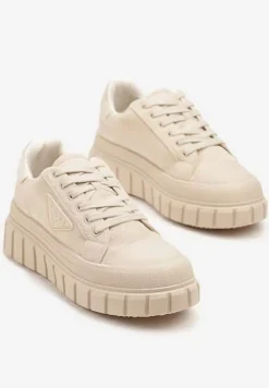 Beżowe Sneakersy Vices na Platformie z Ozdobą i Napisem Leawen