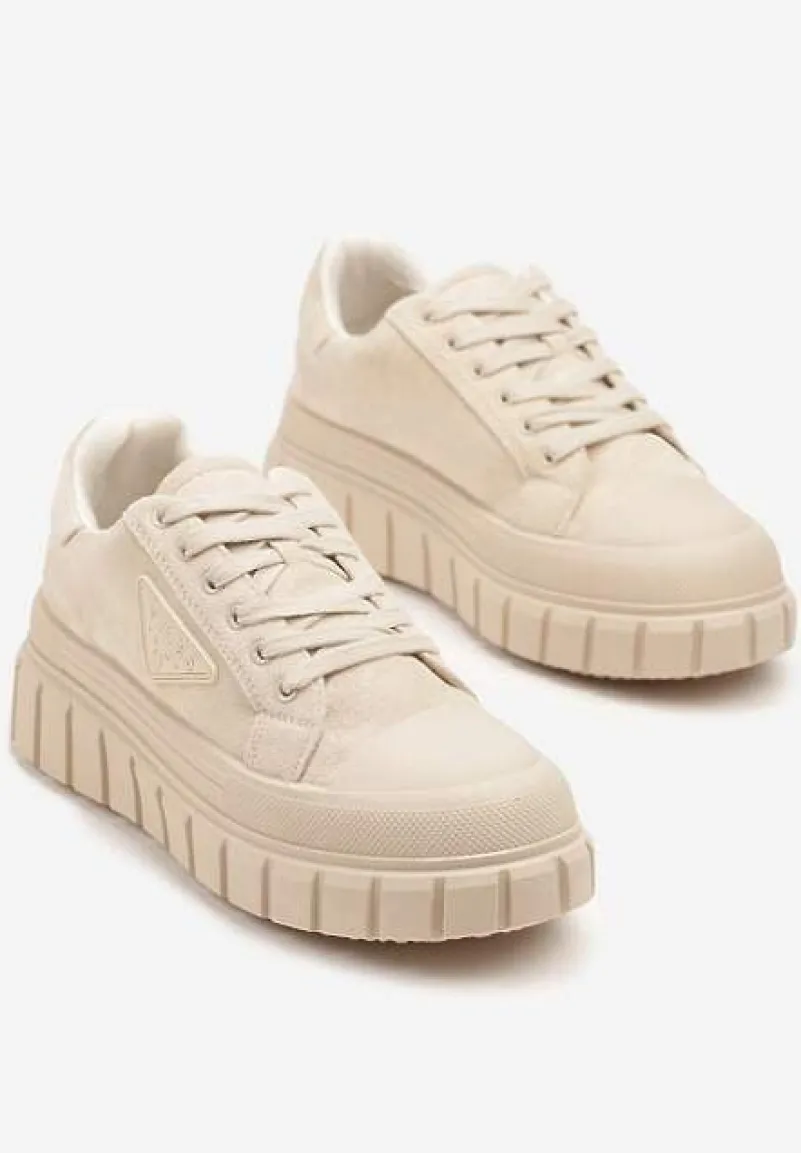 Beżowe Sneakersy Vices na Platformie z Ozdobą i Napisem Leawen