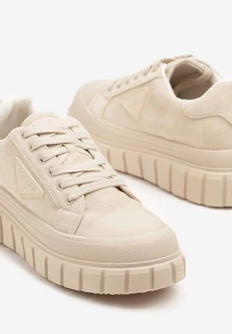 Beżowe Sneakersy Vices na Platformie z Ozdobą i Napisem Leawen