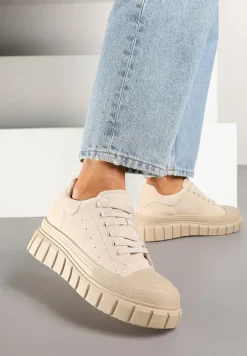 Beżowe Sneakersy Vices na Platformie z Tłoczeniem Ozdobione Perforacją Leaniael