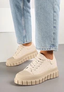 Beżowe Sneakersy Vices na Platformie z Tłoczeniem Ozdobione Perforacją Leaniael