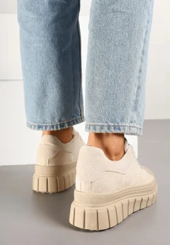 Beżowe Sneakersy Vices na Platformie z Tłoczeniem Ozdobione Perforacją Leaniael