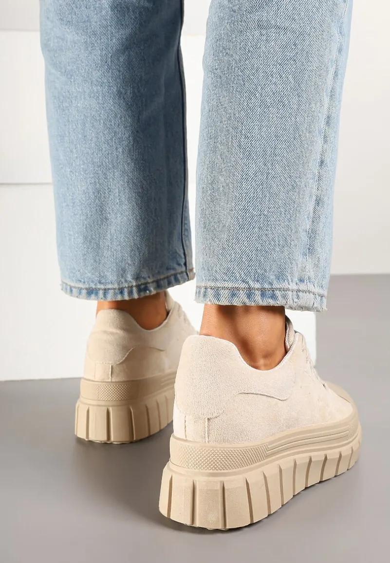 Beżowe Sneakersy Vices na Platformie z Tłoczeniem Ozdobione Perforacją Leaniael