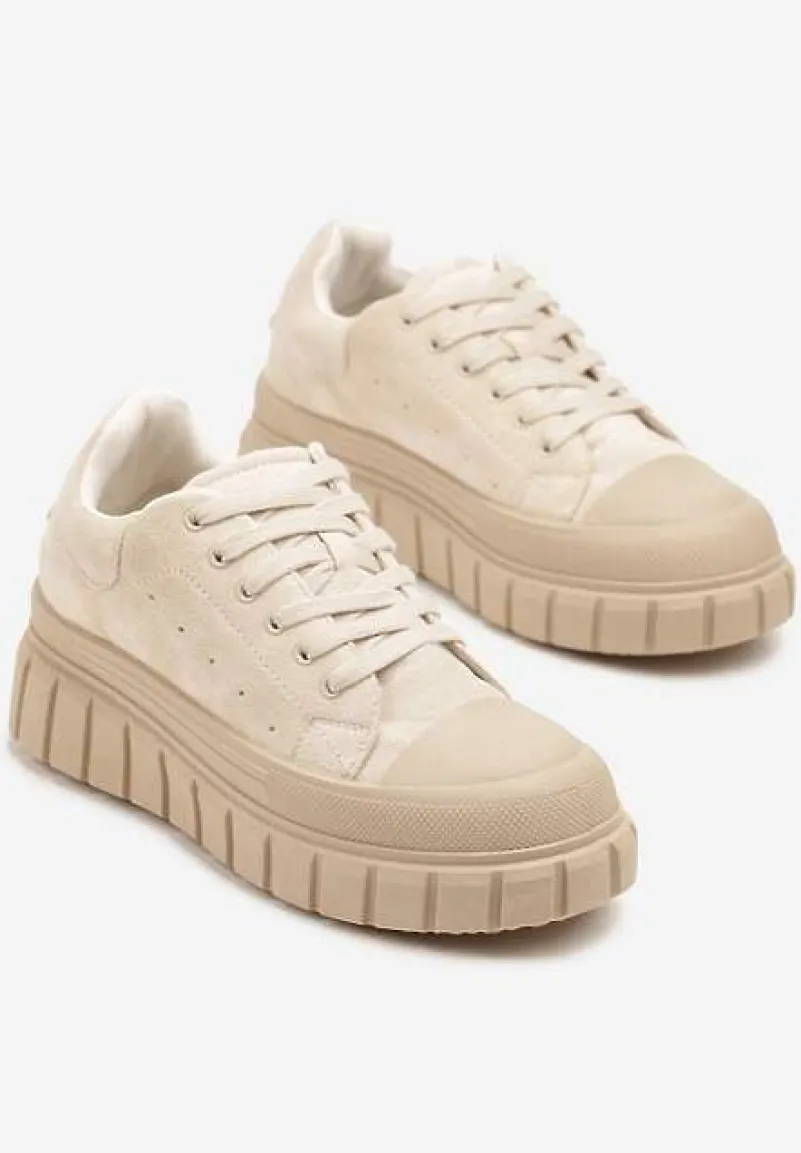 Beżowe Sneakersy Vices na Platformie z Tłoczeniem Ozdobione Perforacją Leaniael