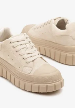 Beżowe Sneakersy Vices na Platformie z Tłoczeniem Ozdobione Perforacją Leaniael