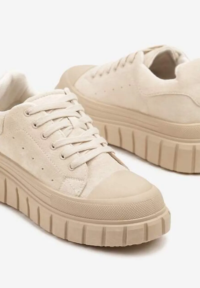 Beżowe Sneakersy Vices na Platformie z Tłoczeniem Ozdobione Perforacją Leaniael