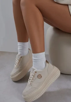Beżowe Sneakersy Vices na Platformie z Tłoczeniem Ozdobione Metaliczną Aplikacją Eriri