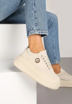 Beżowe Sneakersy Vices na Platformie z Tłoczeniem Ozdobione Metaliczną Aplikacją Eriri