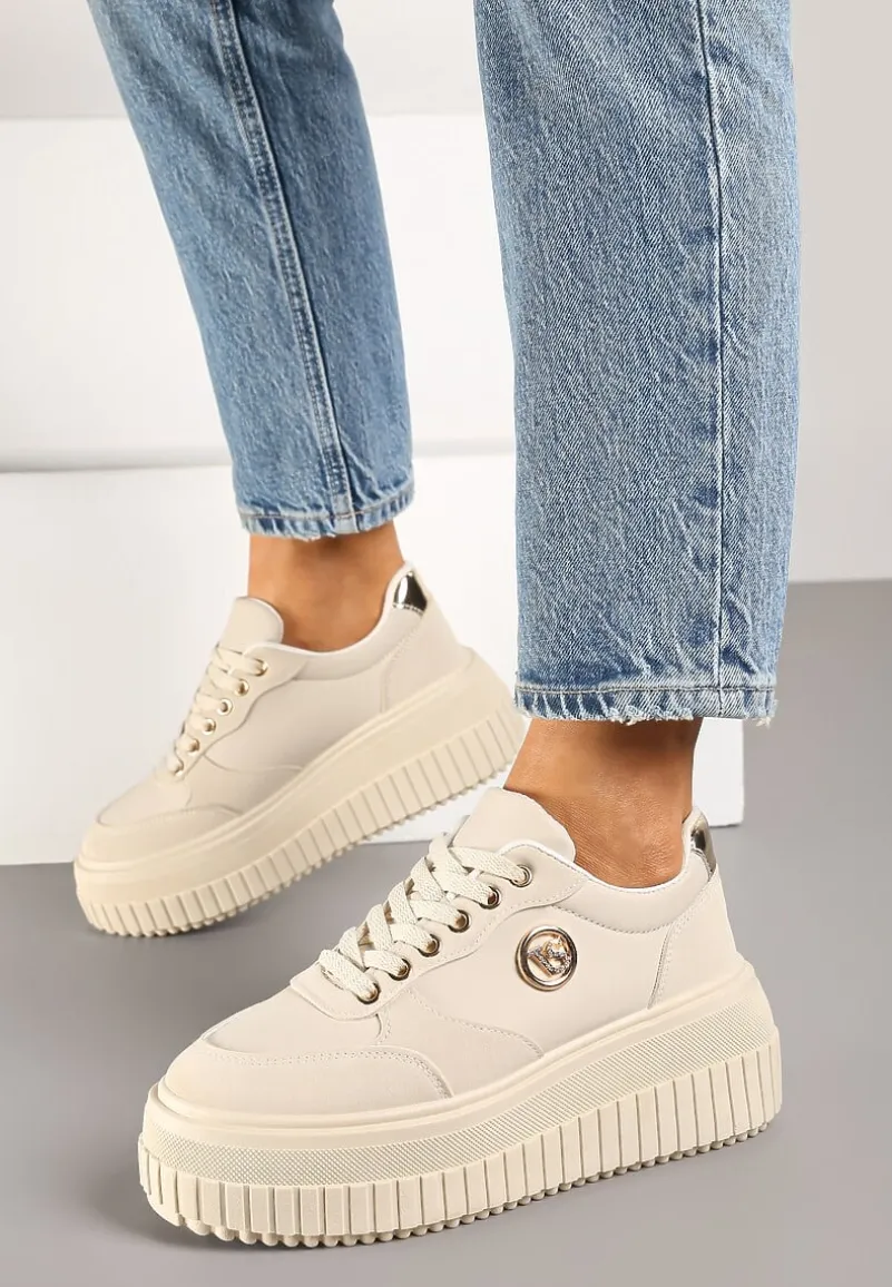 Beżowe Sneakersy Vices na Platformie z Tłoczeniem Ozdobione Metaliczną Aplikacją Eriri