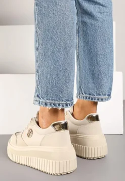 Beżowe Sneakersy Vices na Platformie z Tłoczeniem Ozdobione Metaliczną Aplikacją Eriri