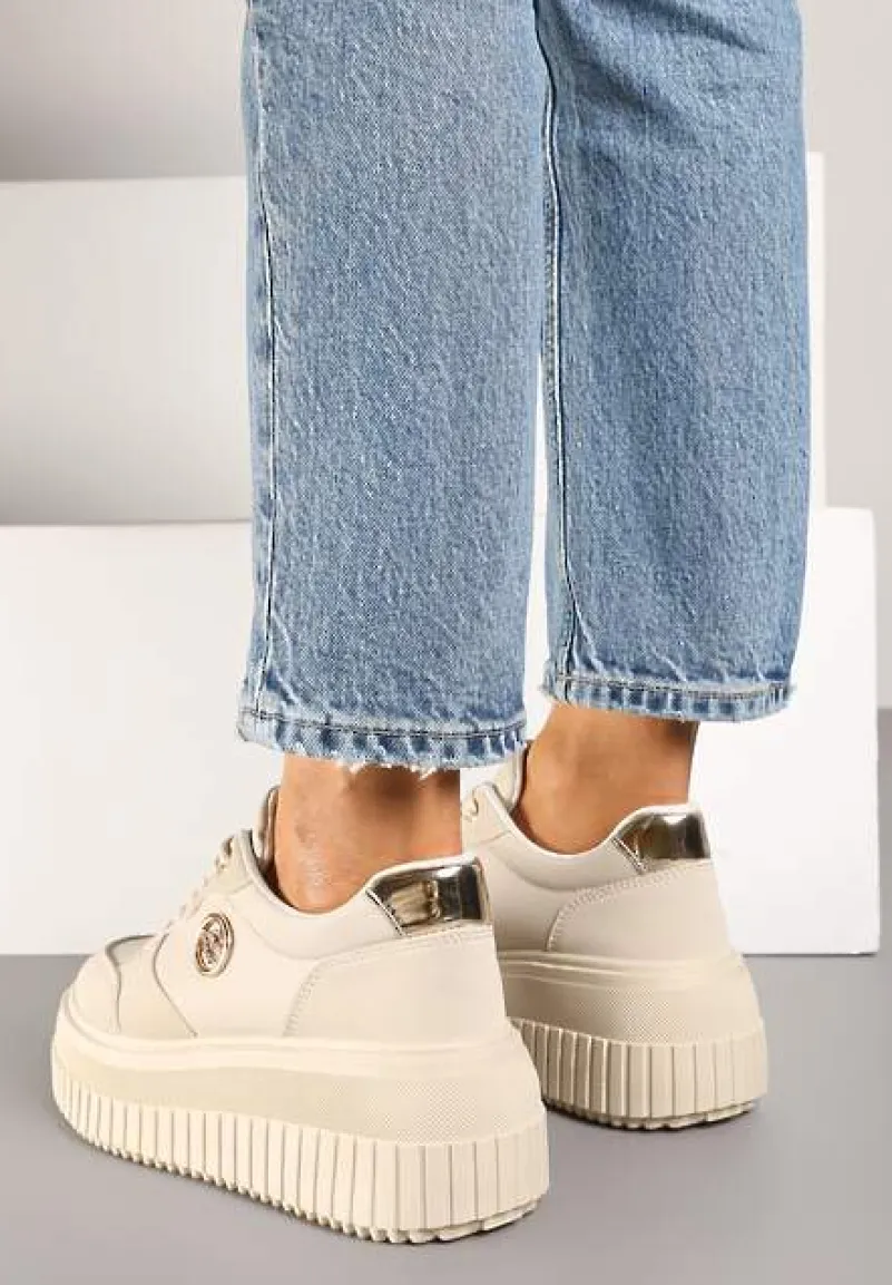 Beżowe Sneakersy Vices na Platformie z Tłoczeniem Ozdobione Metaliczną Aplikacją Eriri