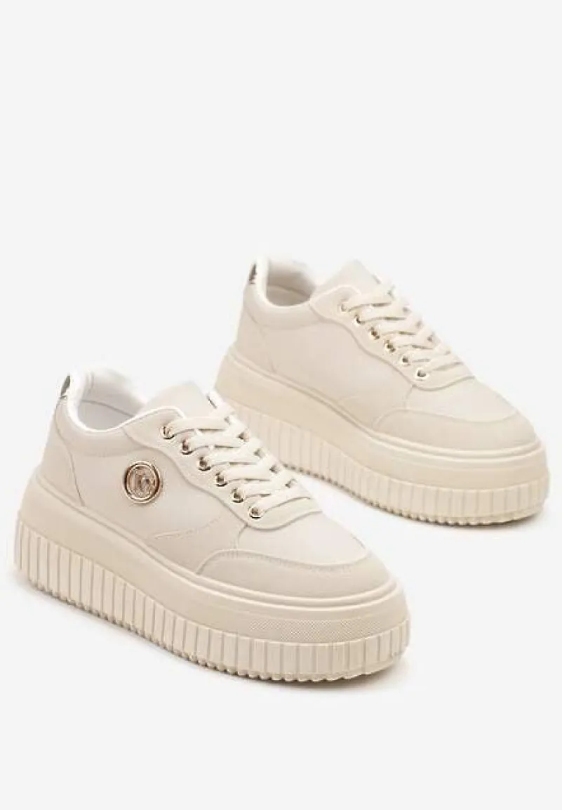 Beżowe Sneakersy Vices na Platformie z Tłoczeniem Ozdobione Metaliczną Aplikacją Eriri