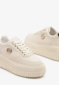 Beżowe Sneakersy Vices na Platformie z Tłoczeniem Ozdobione Metaliczną Aplikacją Eriri