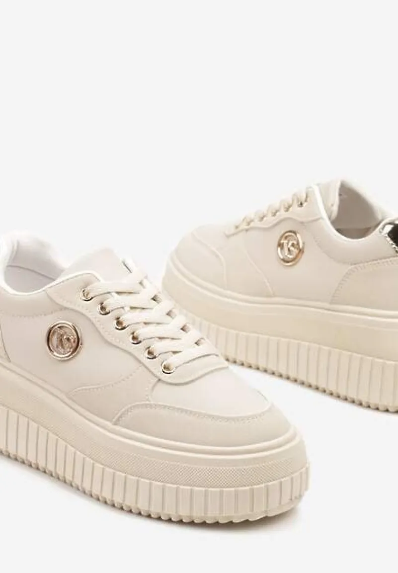 Beżowe Sneakersy Vices na Platformie z Tłoczeniem Ozdobione Metaliczną Aplikacją Eriri