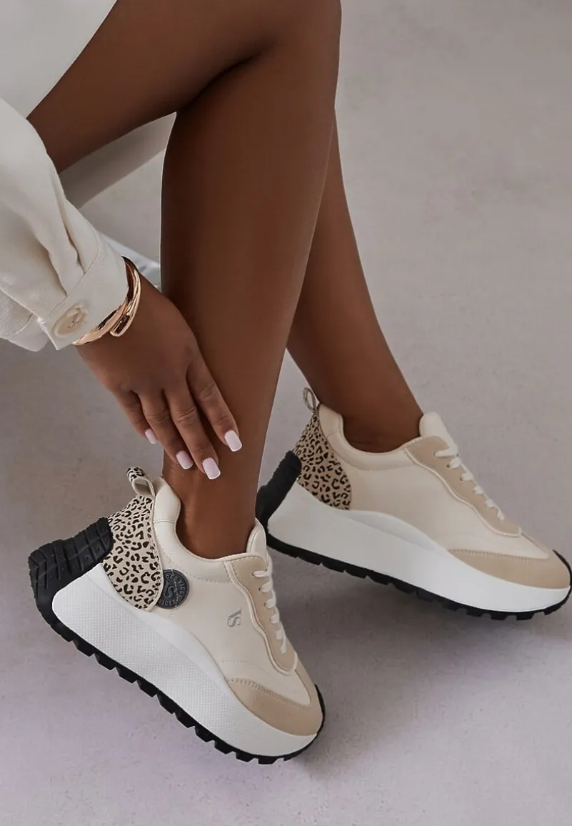 Beżowe Sneakersy Vices na Platformie Ozdobione Naszywką i Panterką Selothiel