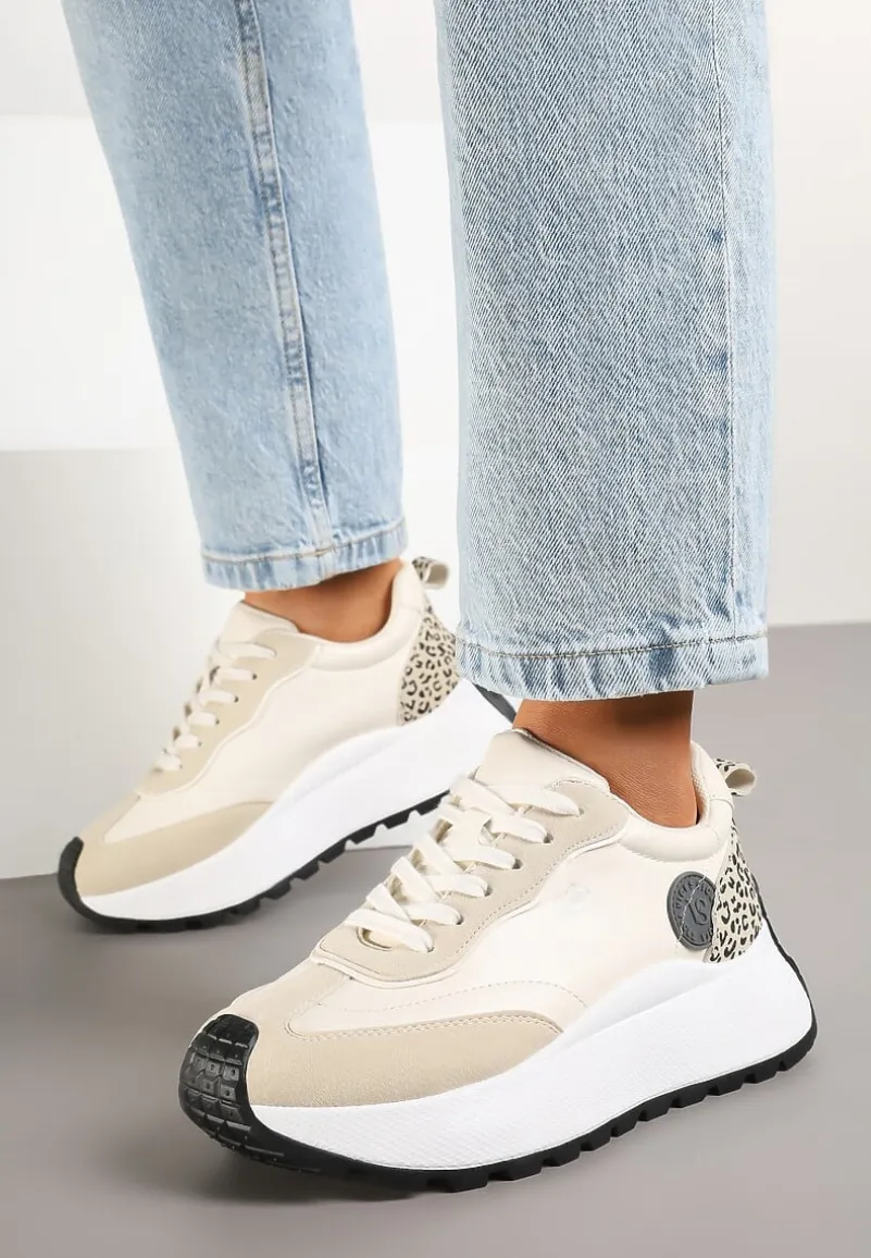 Beżowe Sneakersy Vices na Platformie Ozdobione Naszywką i Panterką Selothiel