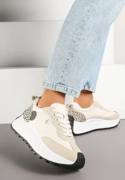 Beżowe Sneakersy Vices na Platformie Ozdobione Naszywką i Panterką Selothiel