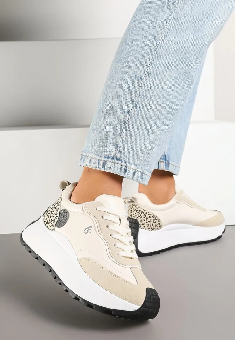 Beżowe Sneakersy Vices na Platformie Ozdobione Naszywką i Panterką Selothiel