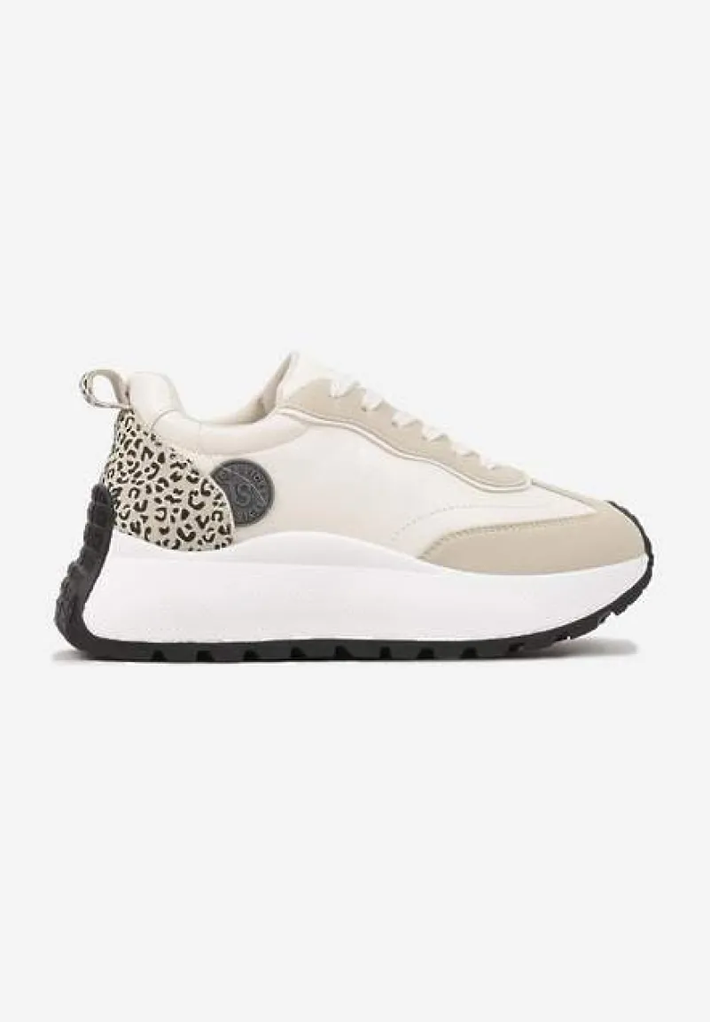 Beżowe Sneakersy Vices na Platformie Ozdobione Naszywką i Panterką Selothiel