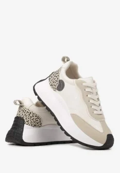 Beżowe Sneakersy Vices na Platformie Ozdobione Naszywką i Panterką Selothiel