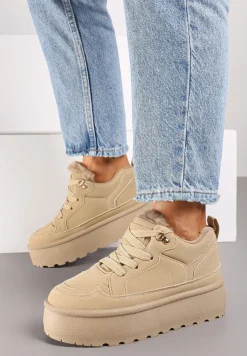 Beżowe Sneakersy Vices Stylizowane na Śniegowce na Platformie Obszyte Futerkiem Naleris