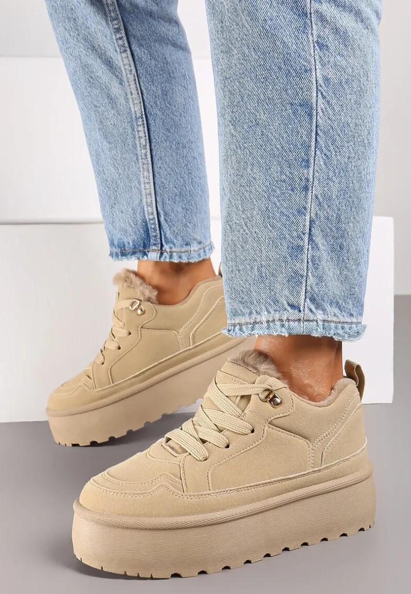Beżowe Sneakersy Vices Stylizowane na Śniegowce na Platformie Obszyte Futerkiem Naleris