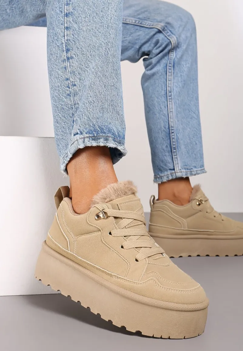 Beżowe Sneakersy Vices Stylizowane na Śniegowce na Platformie Obszyte Futerkiem Naleris