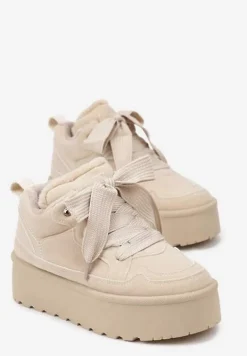 Beżowe Sneakersy Vices Stylizowane na Śniegowce na Platformie Obszyte Futerkiem Naleris