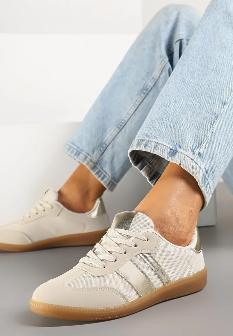 Beżowe Sneakersy w Stylu Tenisówek Ozdobione Paskami Jenaniela