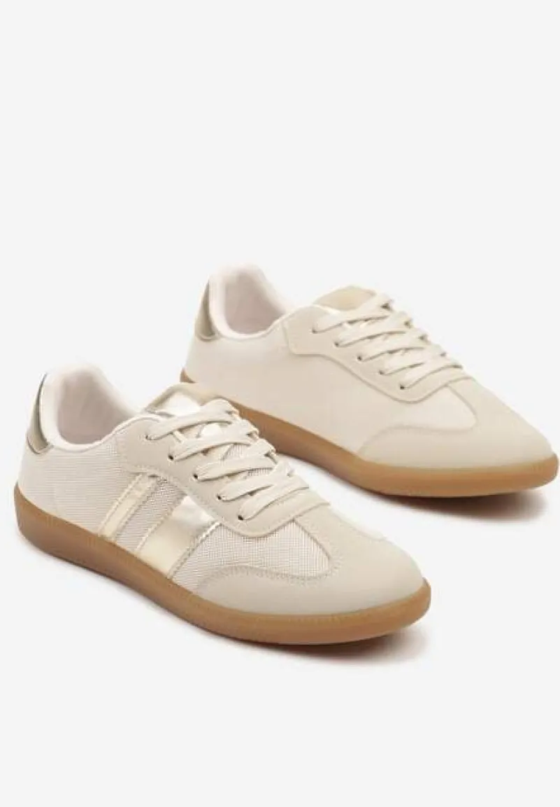 Beżowe Sneakersy w Stylu Tenisówek Ozdobione Paskami Jenaniela
