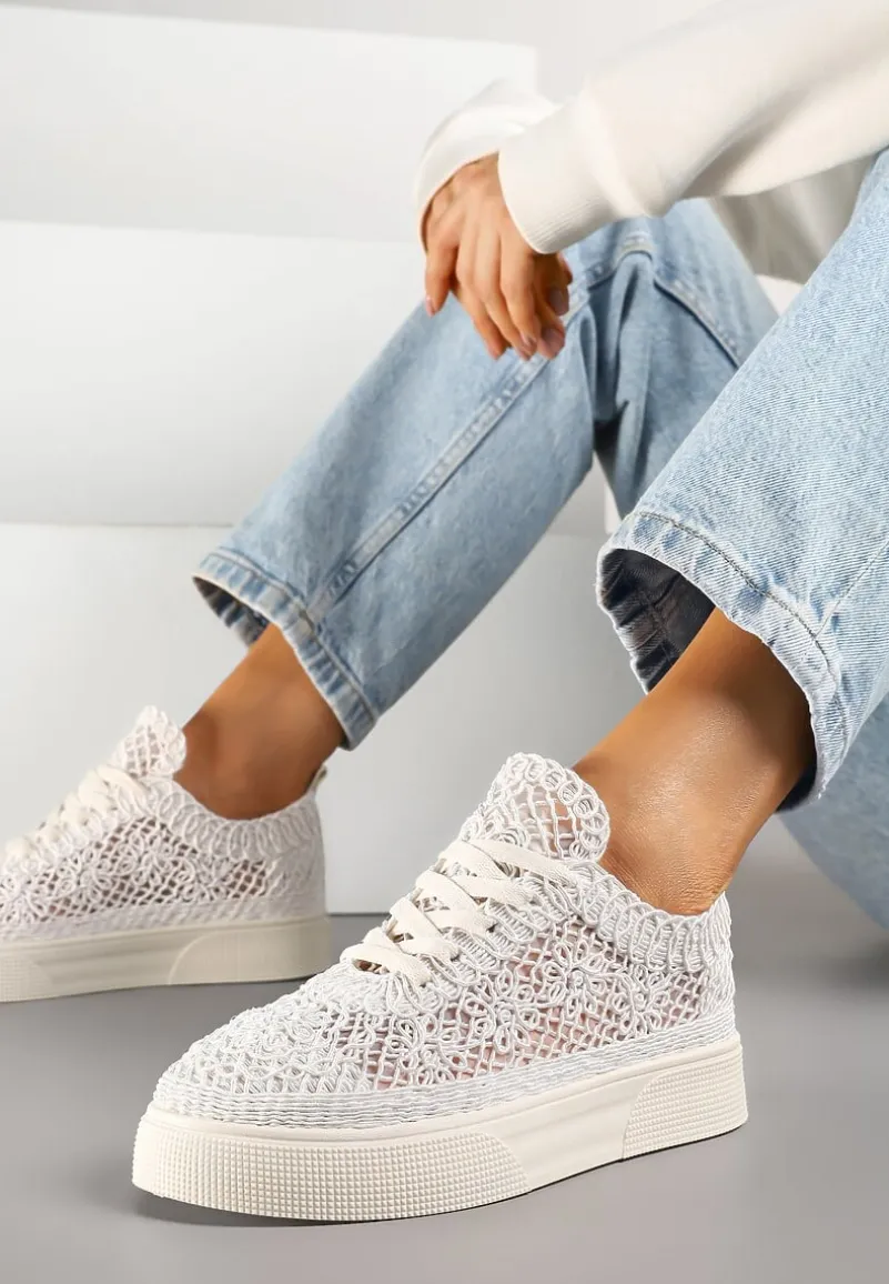Beżowe Sneakersy z Ażurowej Koronki na Grubej Podeszwie Nanessia