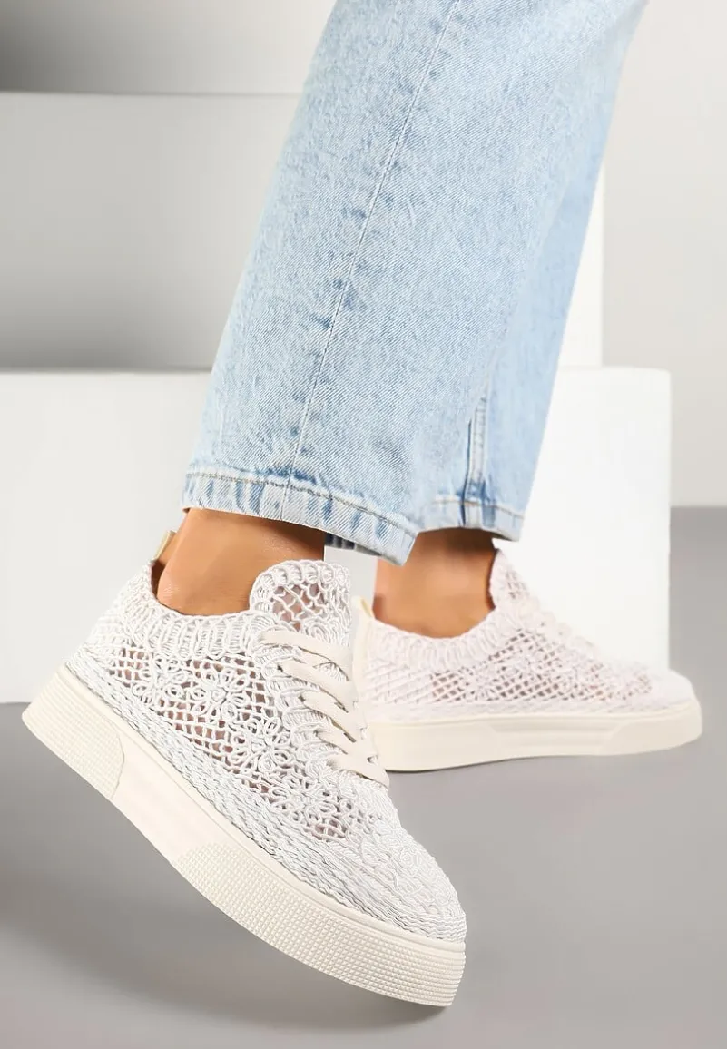Beżowe Sneakersy z Ażurowej Koronki na Grubej Podeszwie Nanessia