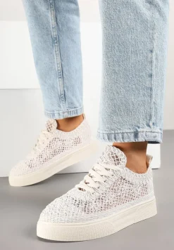 Beżowe Sneakersy z Ażurowej Koronki na Grubej Podeszwie Nanessia