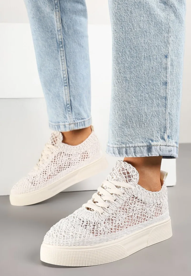 Beżowe Sneakersy z Ażurowej Koronki na Grubej Podeszwie Nanessia