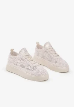 Beżowe Sneakersy z Ażurowej Koronki na Grubej Podeszwie Nanessia