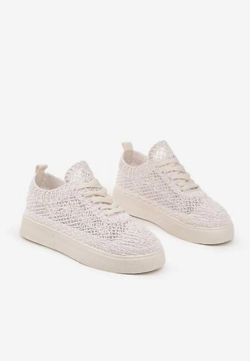 Beżowe Sneakersy z Ażurowej Koronki na Grubej Podeszwie Nanessia