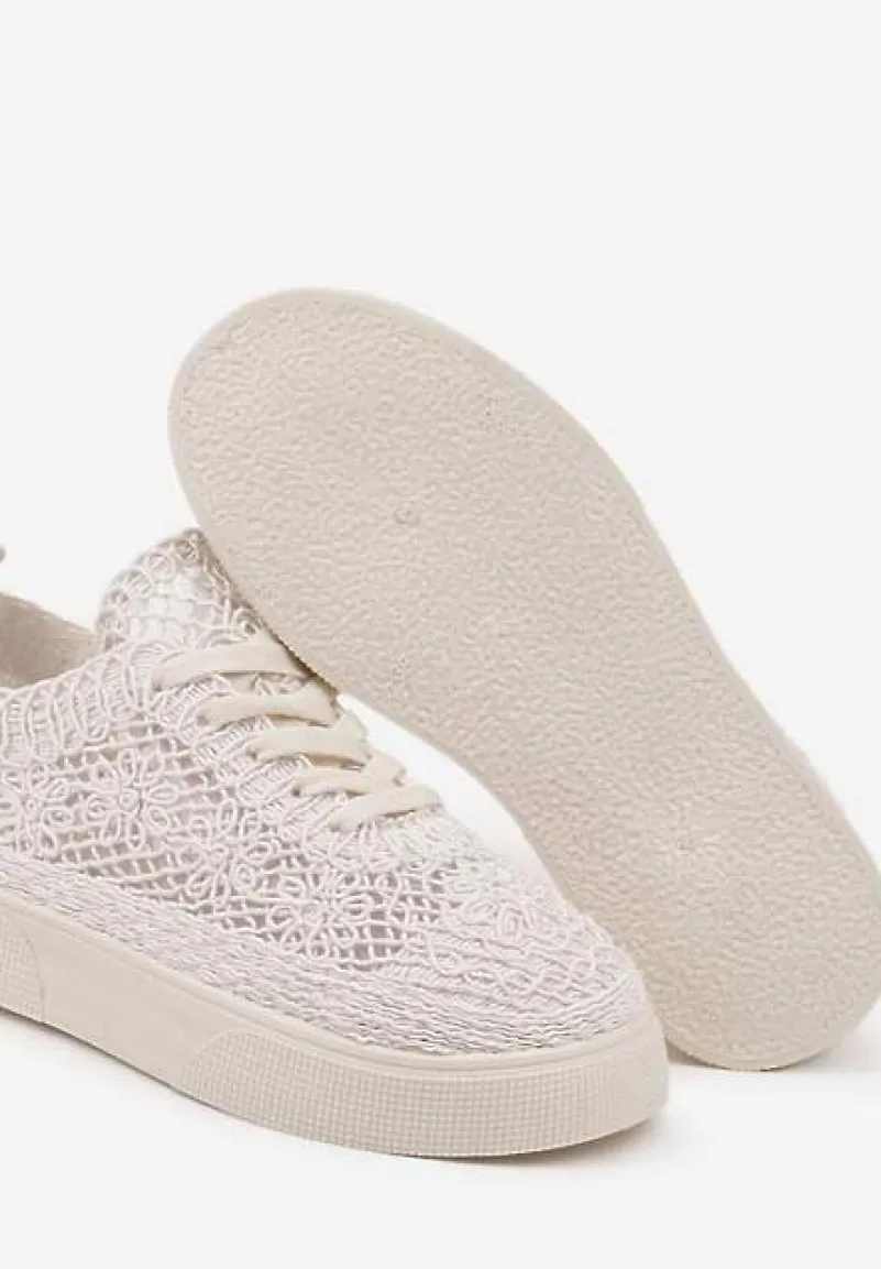 Beżowe Sneakersy z Ażurowej Koronki na Grubej Podeszwie Nanessia