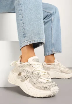 Beżowe Sneakersy z Cyrkoniami i Ozdobnym Sznurowaniem Sorvea