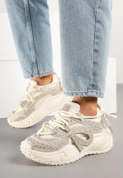 Beżowe Sneakersy z Cyrkoniami i Ozdobnym Sznurowaniem Sorvea