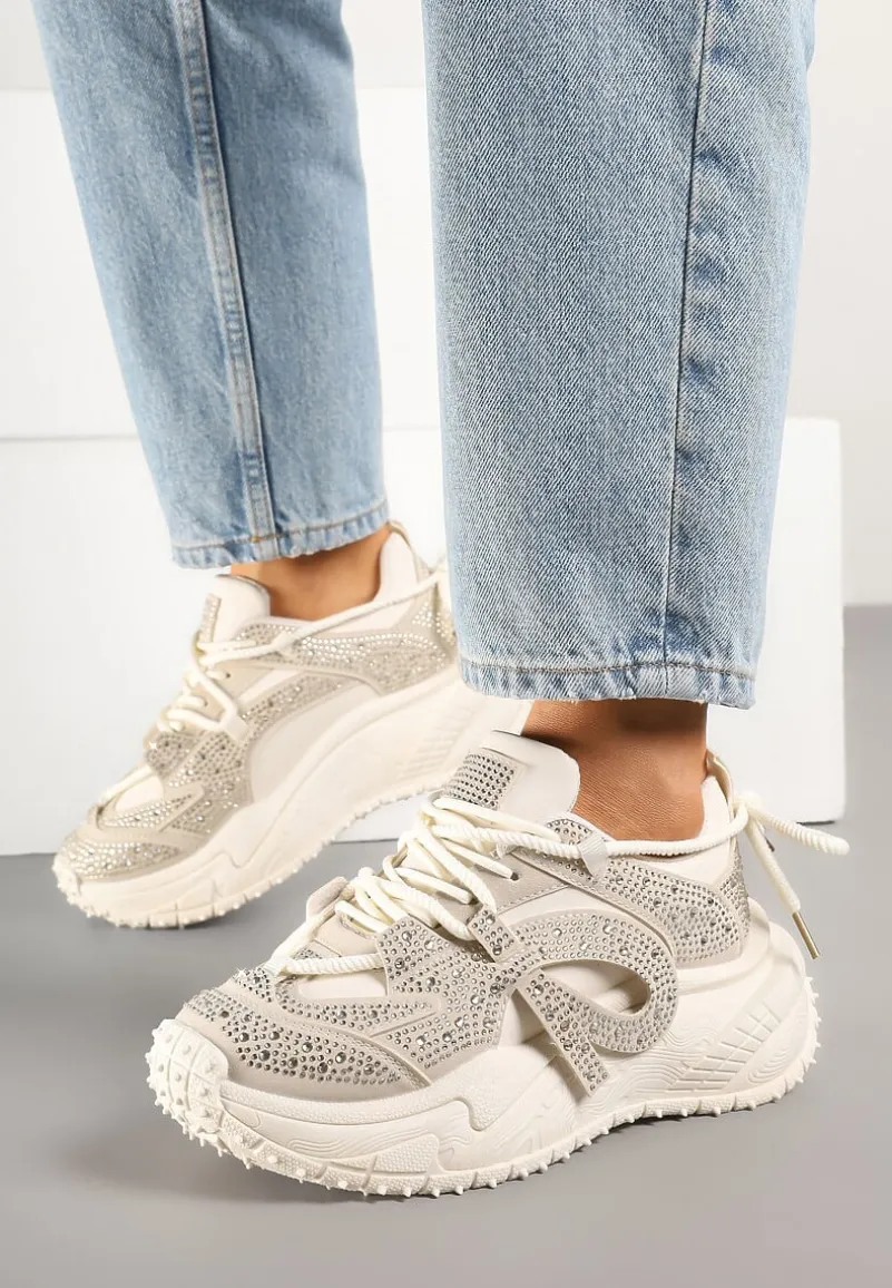 Beżowe Sneakersy z Cyrkoniami i Ozdobnym Sznurowaniem Sorvea