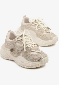 Beżowe Sneakersy z Cyrkoniami i Ozdobnym Sznurowaniem Sorvea