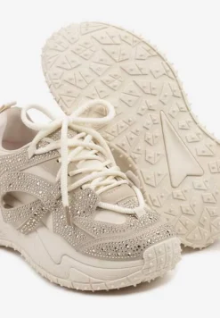 Beżowe Sneakersy z Cyrkoniami i Ozdobnym Sznurowaniem Sorvea